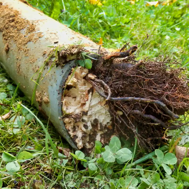 Drain pipe clogged by tree roots Severely blocked drain pipe filled with tree roots and soil