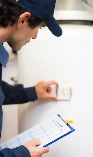 Hot water system inspection Technician checking a hot water system while recording notes on a clipboard